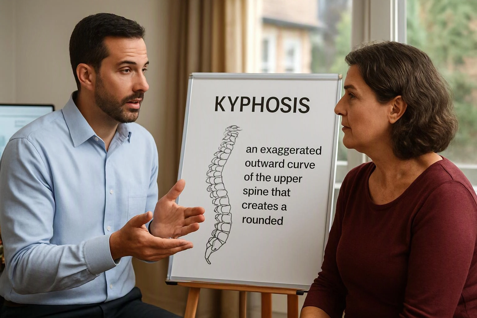 A man talks to a woman beside a whiteboard showing a spine diagram and the word "KYPHOSIS"