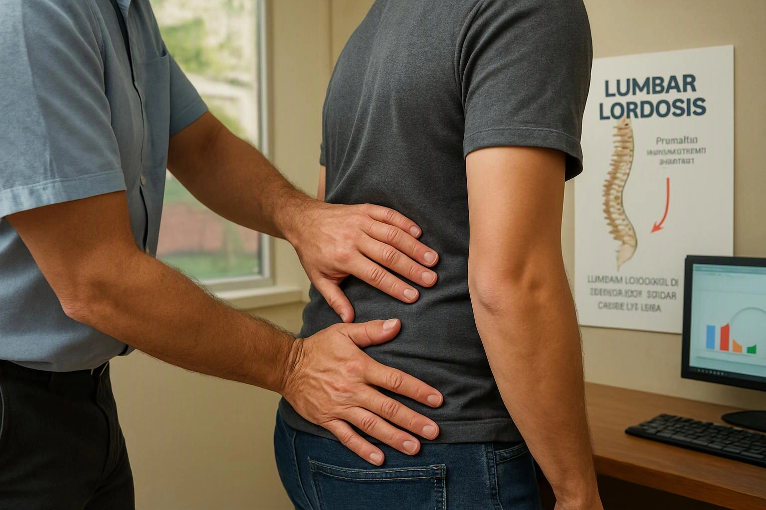 A clinician examines a patient’s lower back in a bright office beside a lumbar lordosis poster
