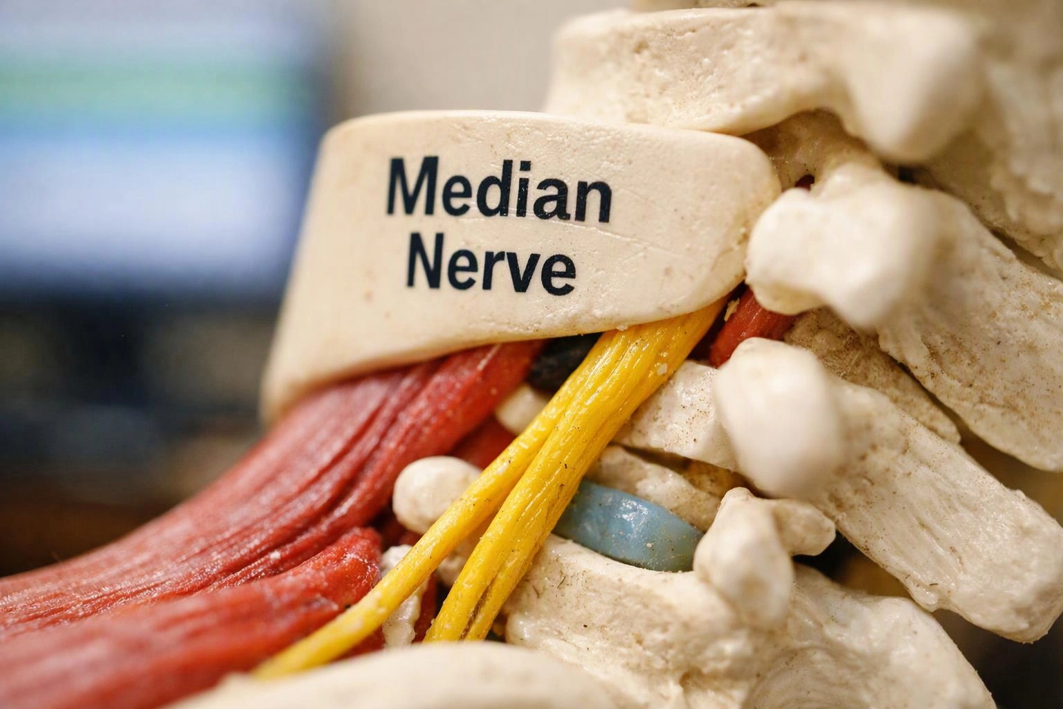 A close-up anatomy model shows the labeled median nerve between bones