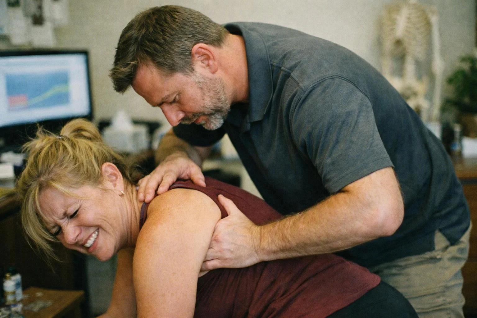 A man massages a woman’s back as she bends forward and smiles in an office setting