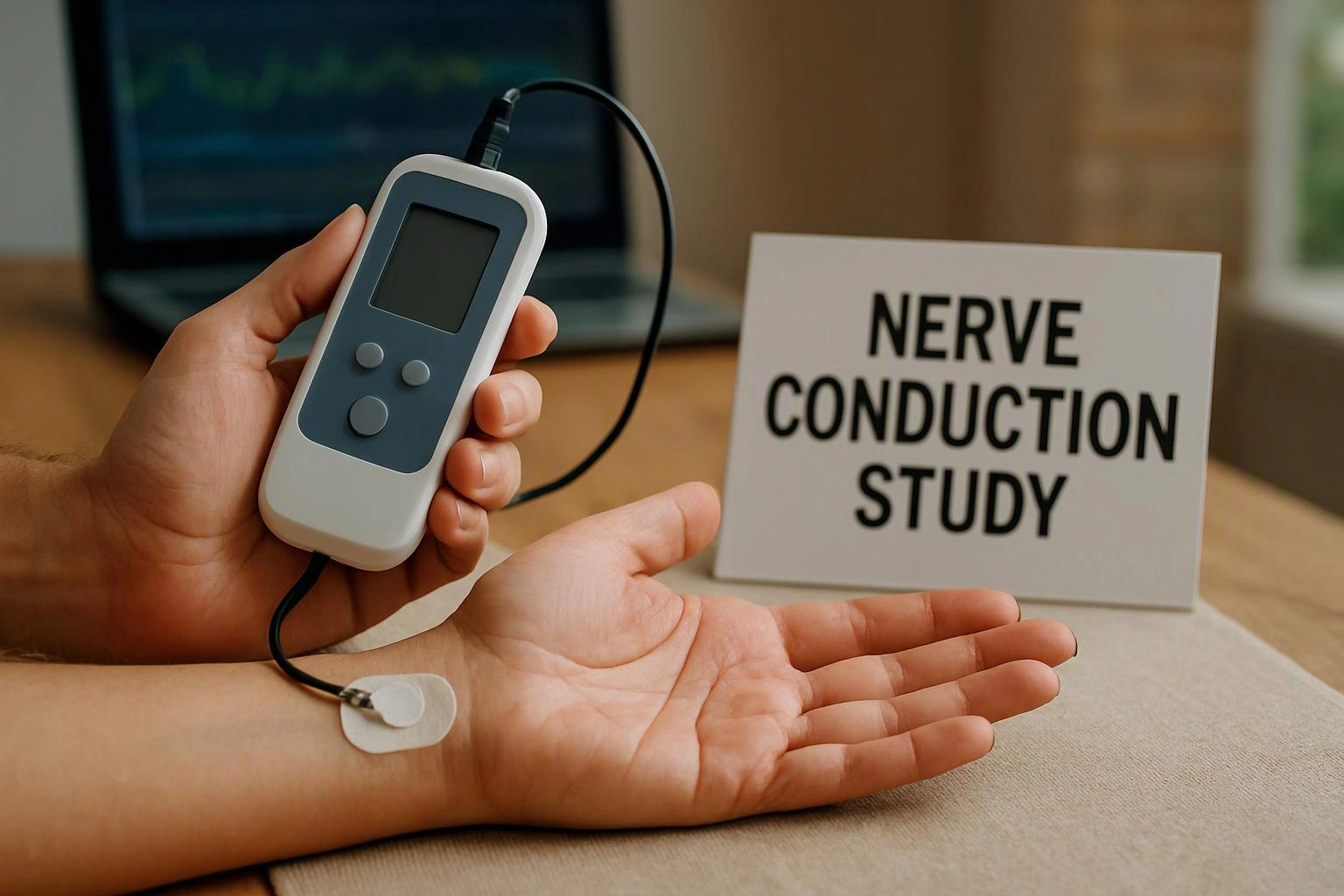 A hand holds a small medical device attached to a wrist electrode beside a sign reading "NERVE CONDUCTION STUDY"