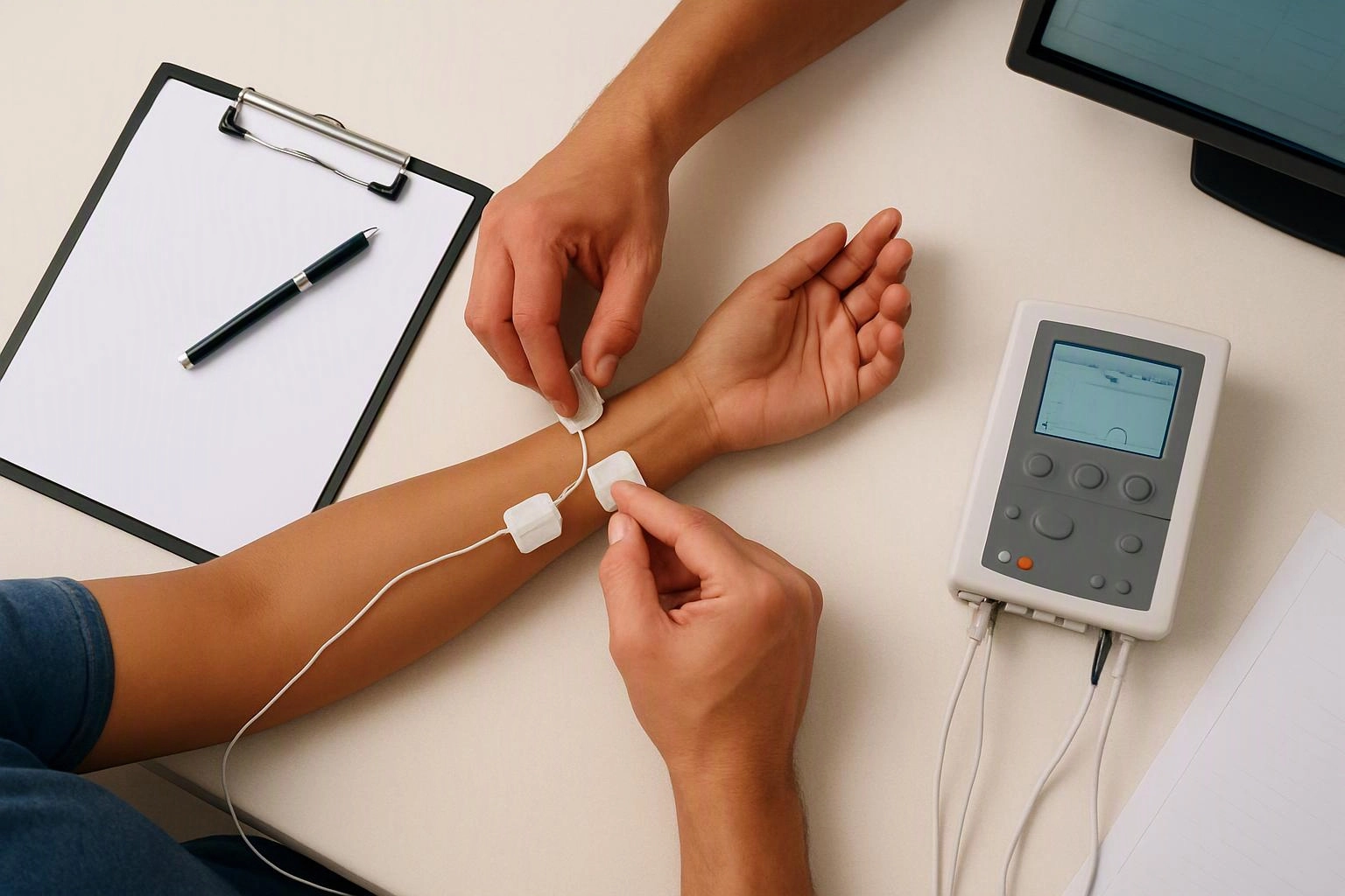 Hands attach small electrodes to a person’s forearm beside a clipboard and a handheld medical device
