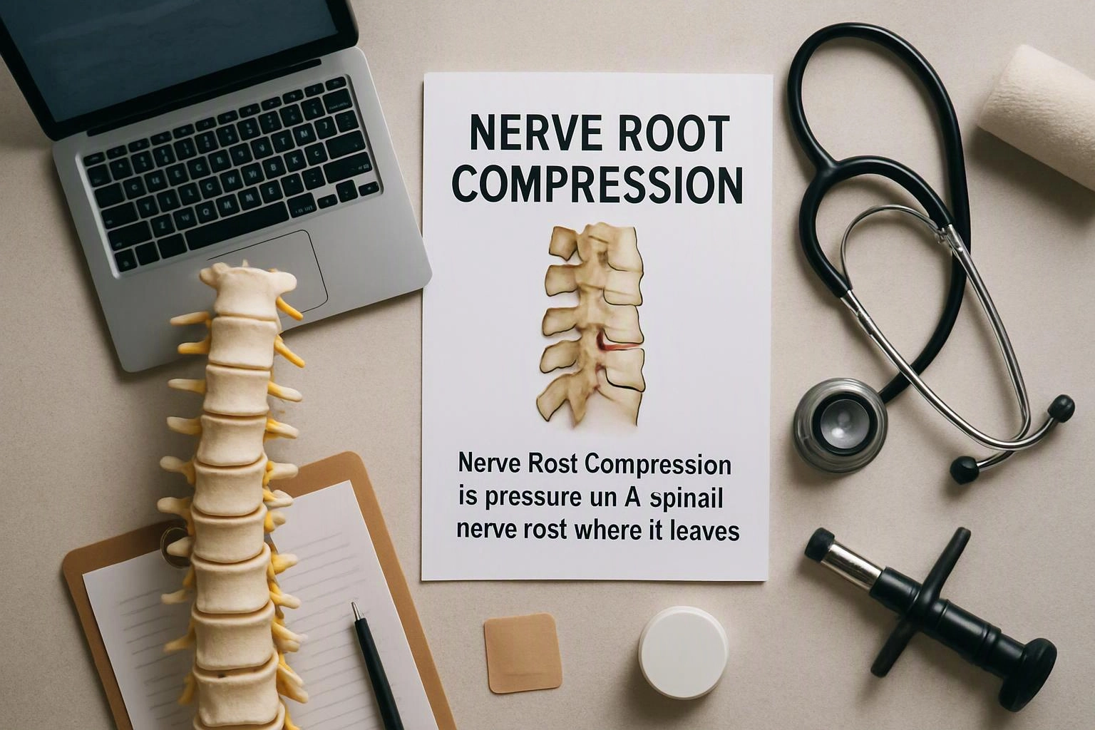 A medical desk layout shows a spine model, laptop, stethoscope, clipboard, and a poster about nerve root compression