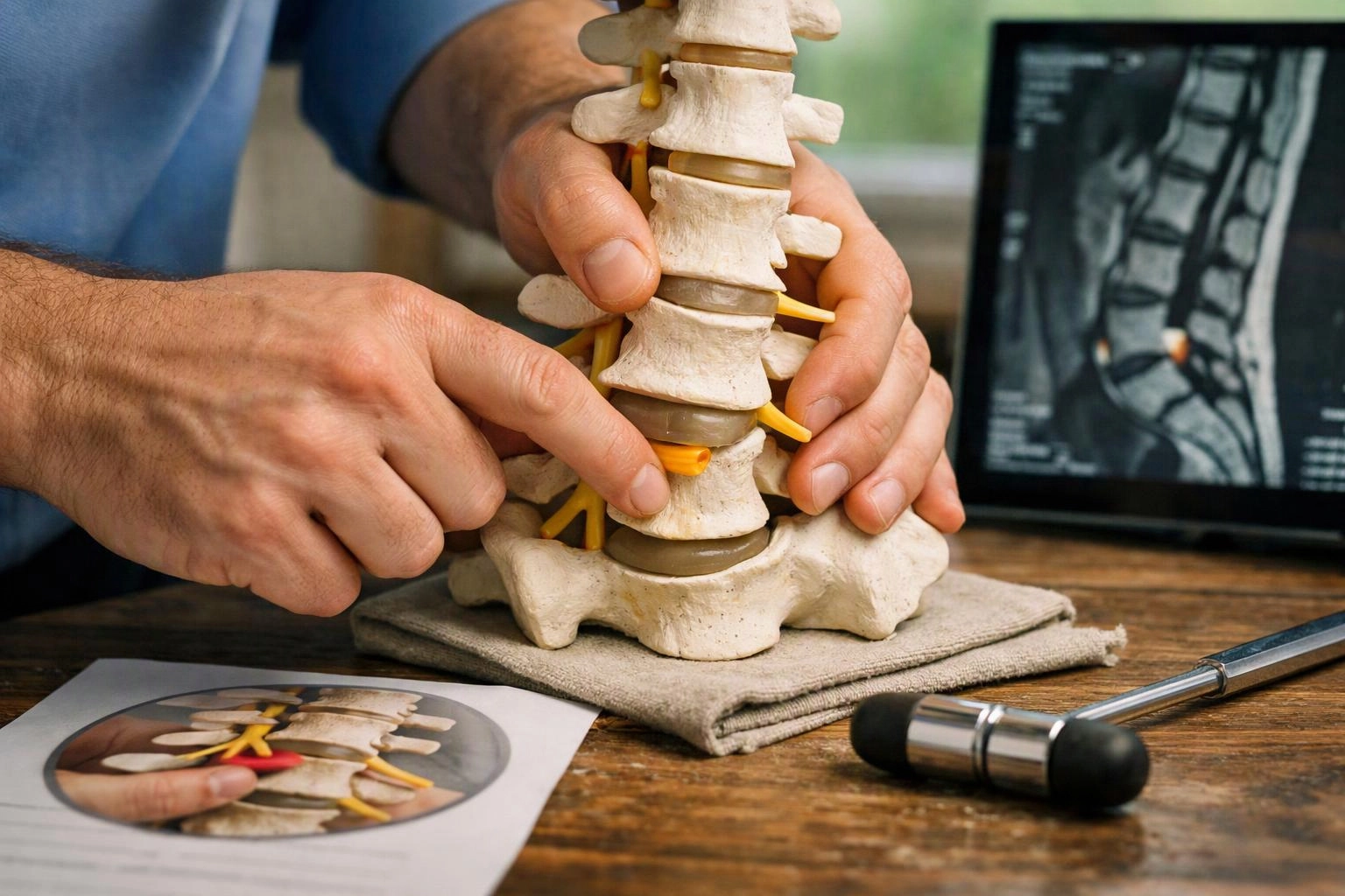 Hands point to a spine model on a wooden desk beside a medical scan and reflex hammer