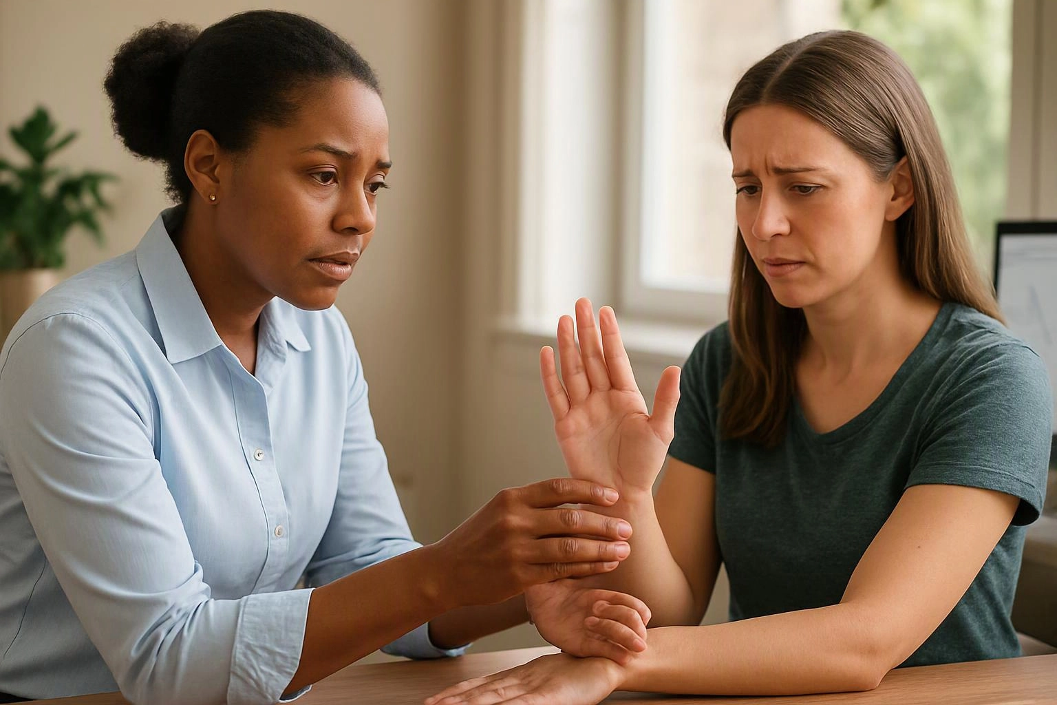 Two women sit at a table while one checks the other woman’s wrist and raised hand indoors