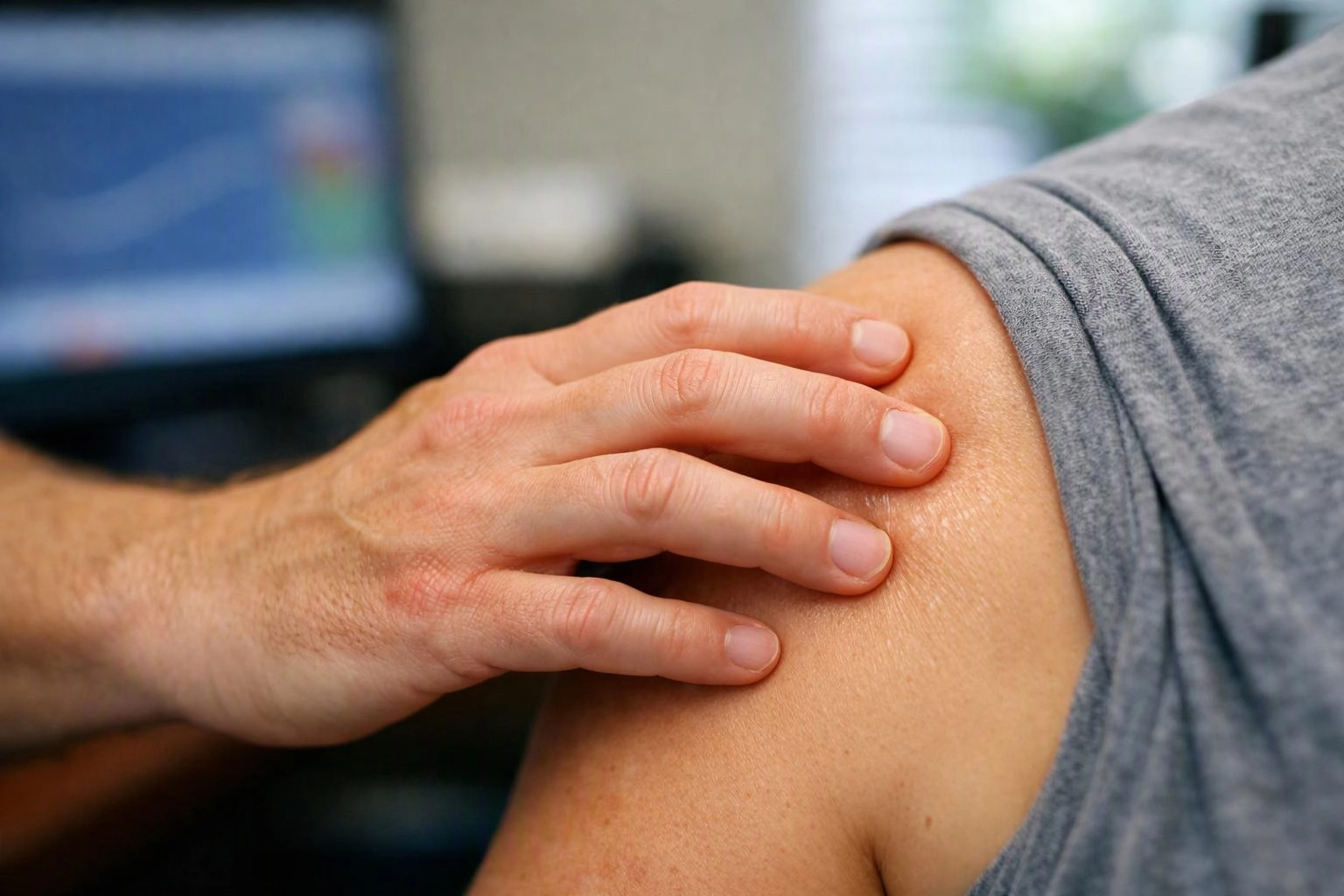 A hand gently presses a person’s shoulder in a blurred indoor setting