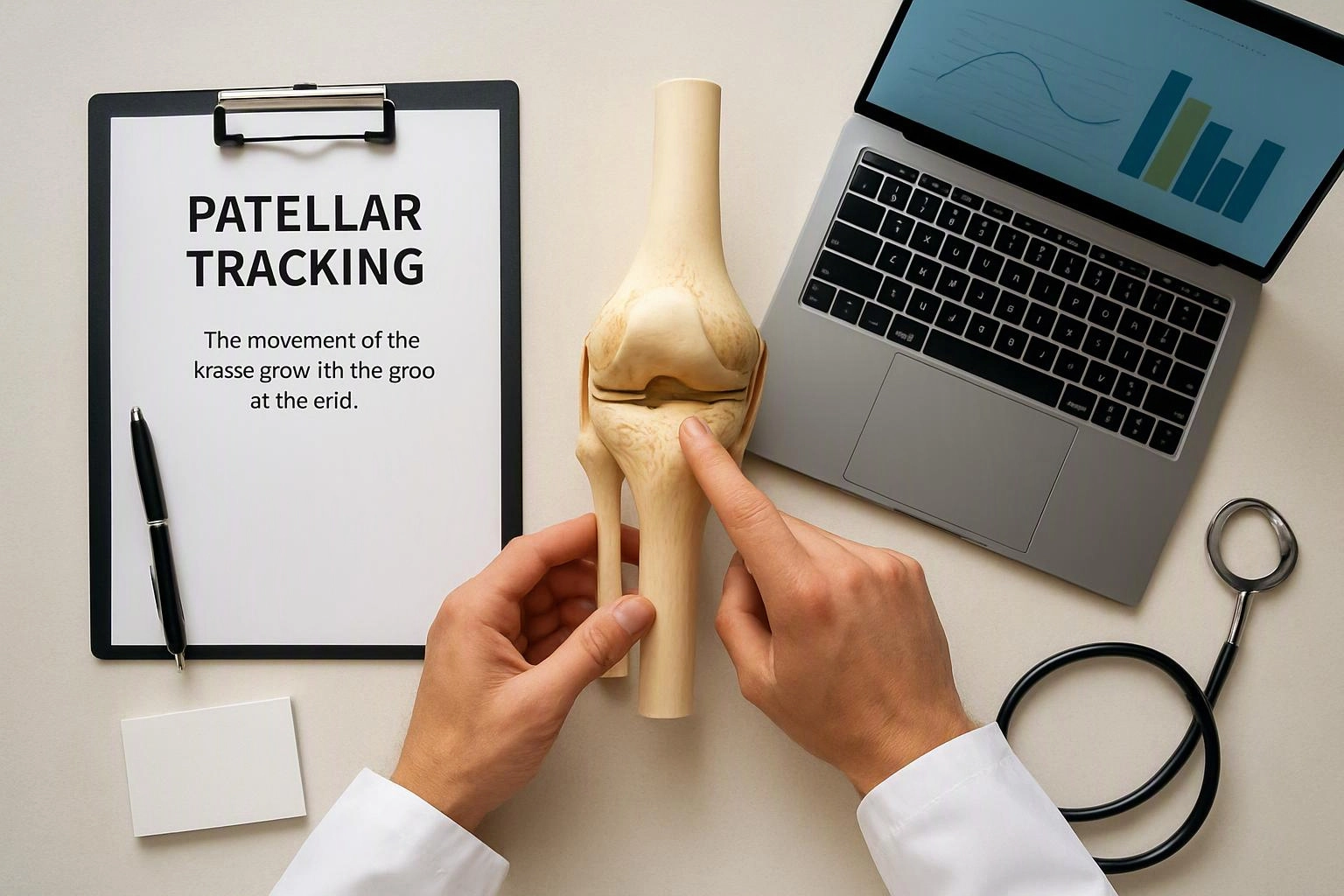 Hands point to a knee joint model beside a clipboard, laptop, and stethoscope on a desk