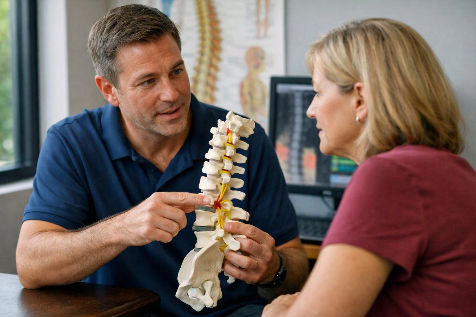 A man points to a spine model while speaking with a woman in a medical office