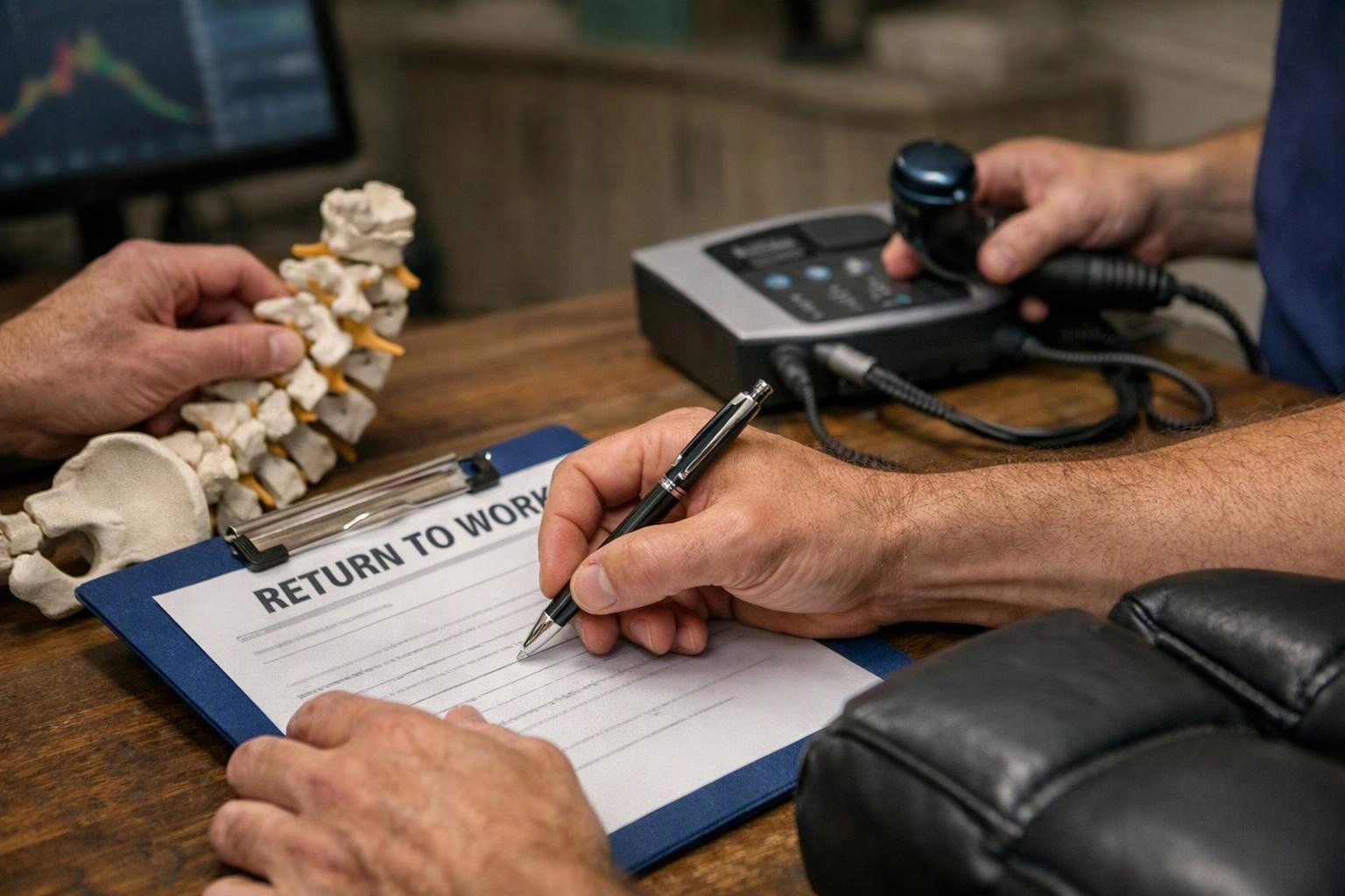 A person writes on a return-to-work form beside a spine model and therapy device on a desk