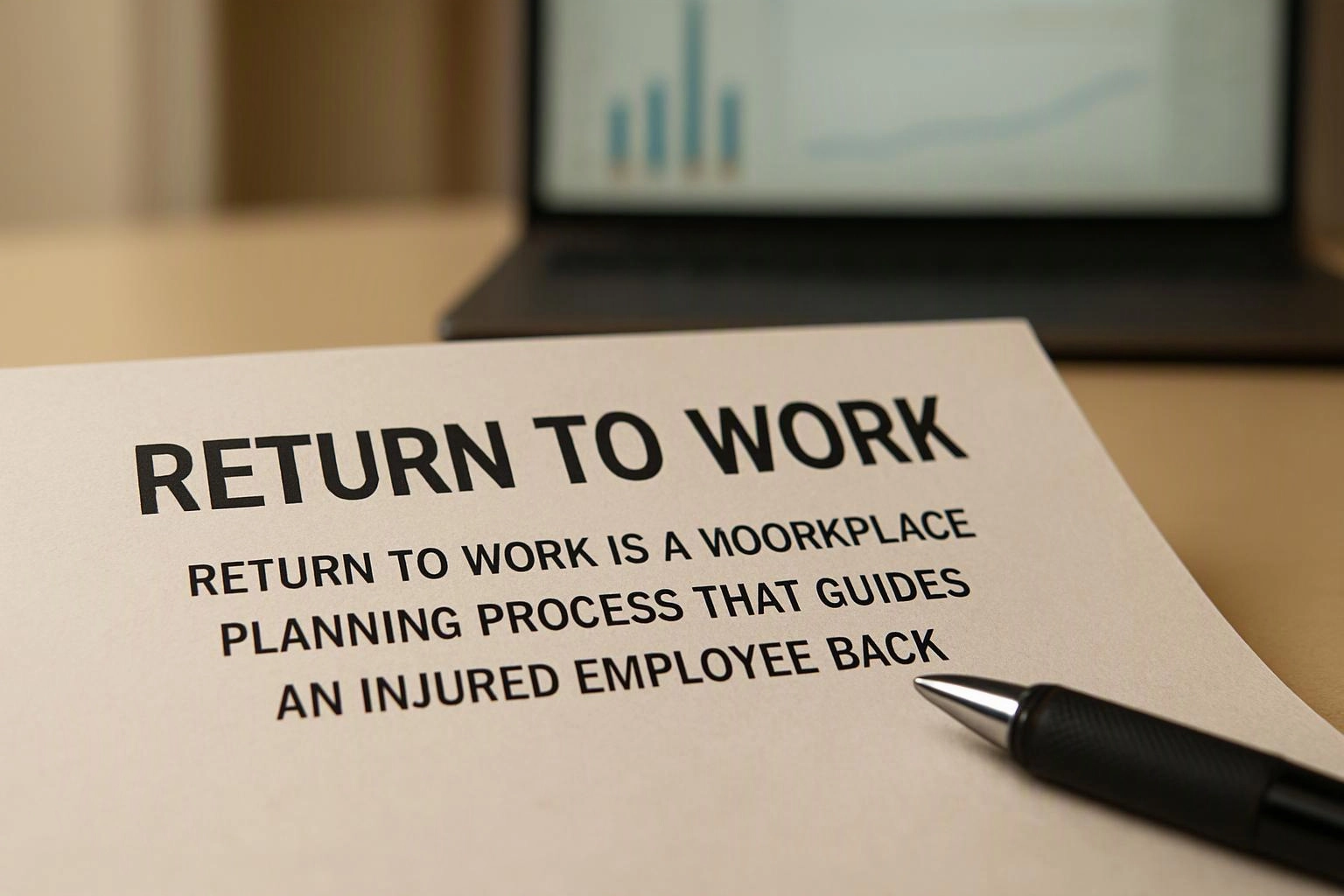 A printed return-to-work form lies on a desk beside a pen, with a laptop screen blurred in the background