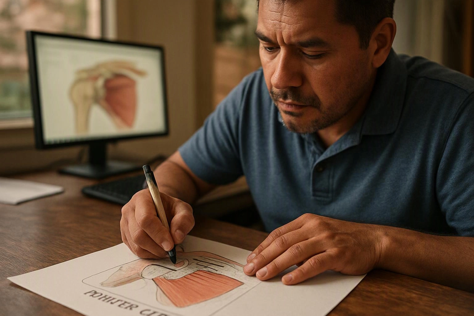 A man in a blue polo sketches a shoulder diagram on paper at a desk with a matching medical image on a monitor