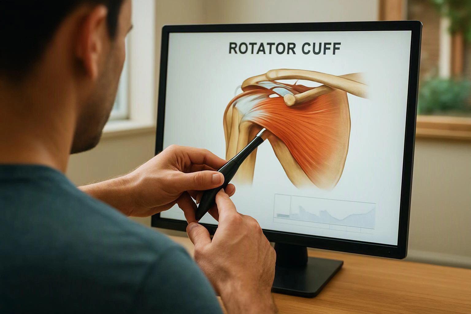 A person points a pen at a monitor showing a rotator cuff shoulder diagram on a desk