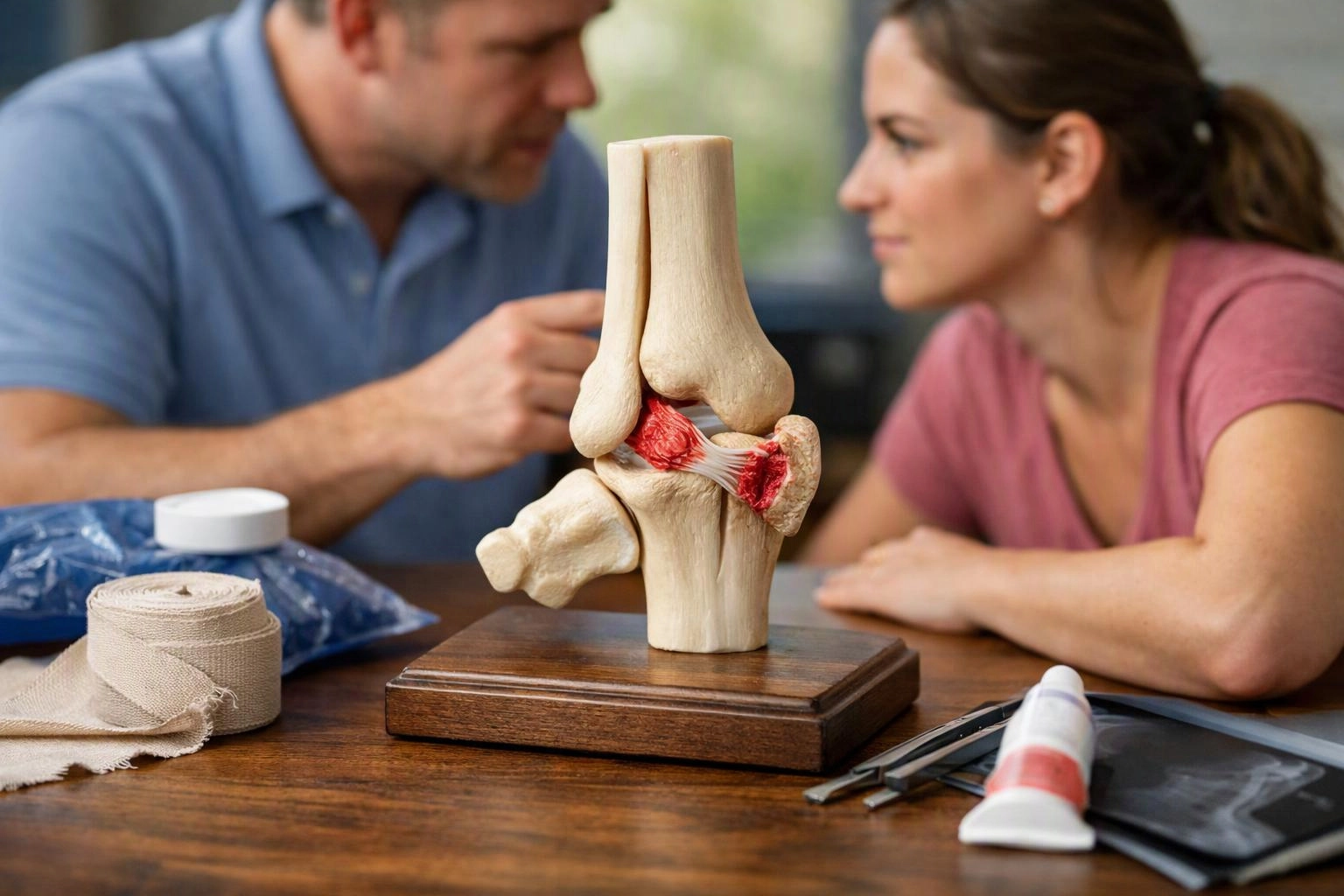 A knee joint model sits on a table while two people lean in and discuss it