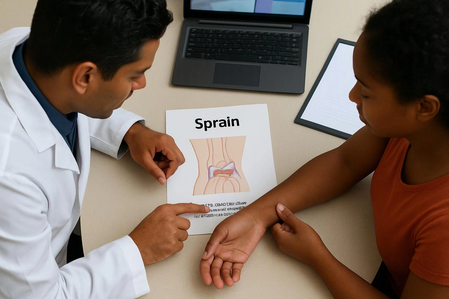 A doctor points to a sprain diagram while a woman holds out her wrist across a desk