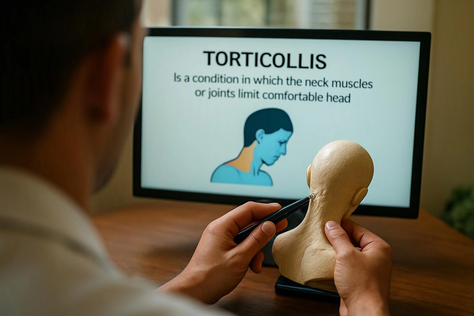 A person points at a neck model while a monitor shows a torticollis diagram and text