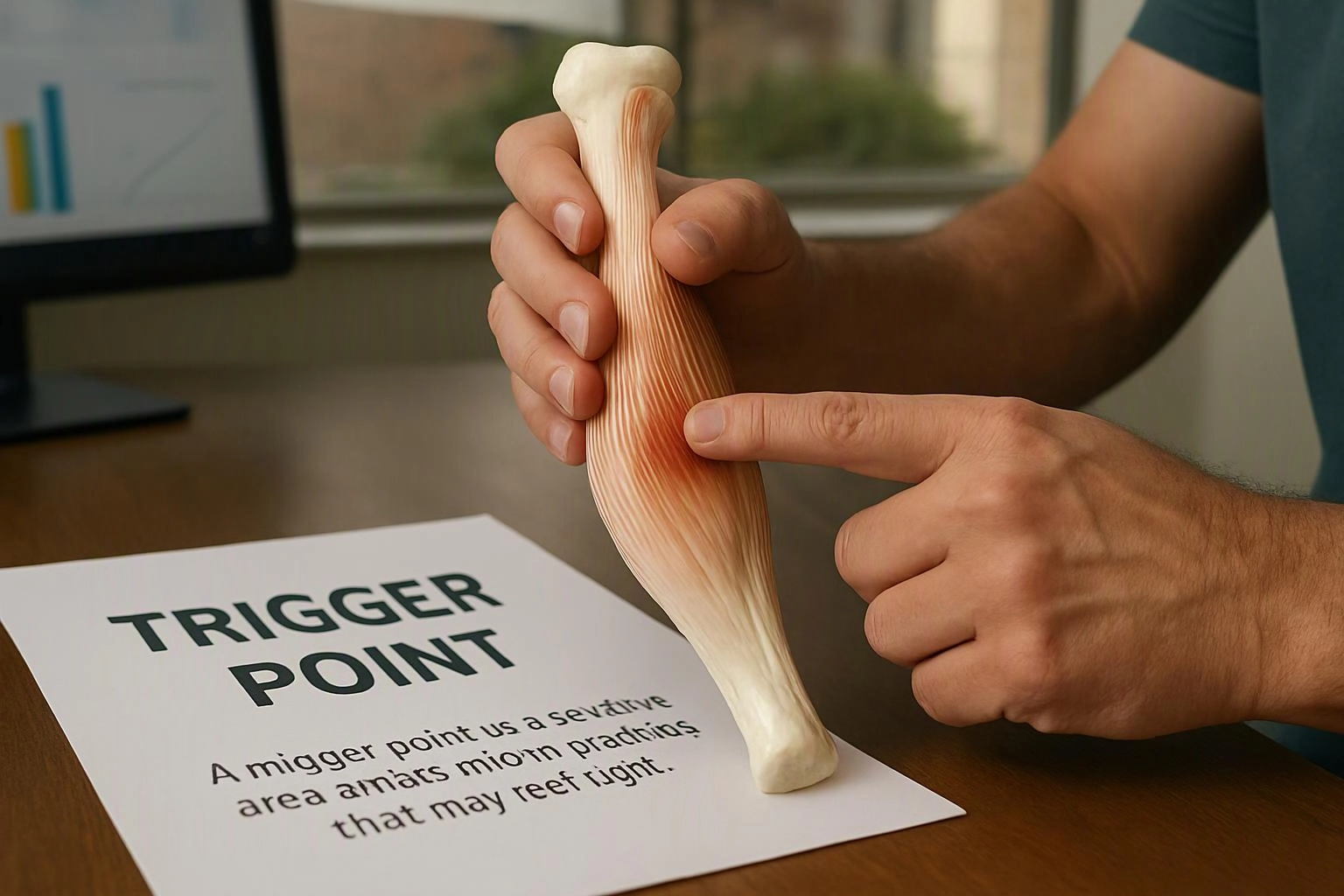 A person points to a muscle model beside a paper labeled “TRIGGER POINT” on a desk