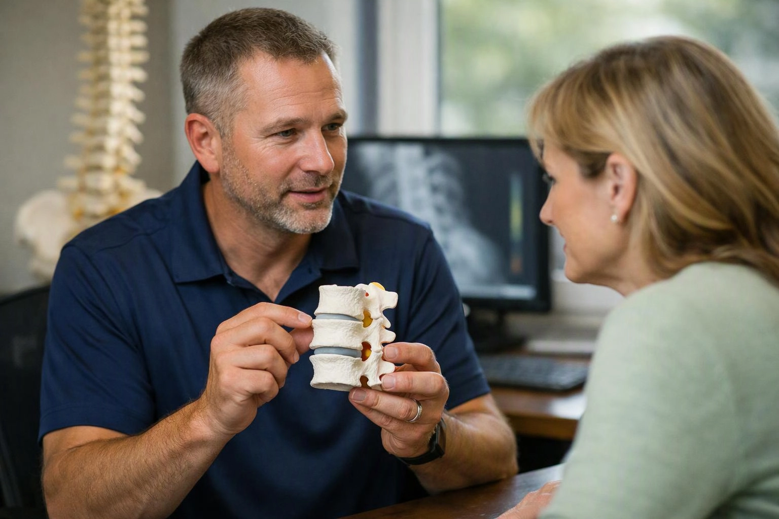 A man shows a spine model to a woman in a medical office with an X-ray on a monitor