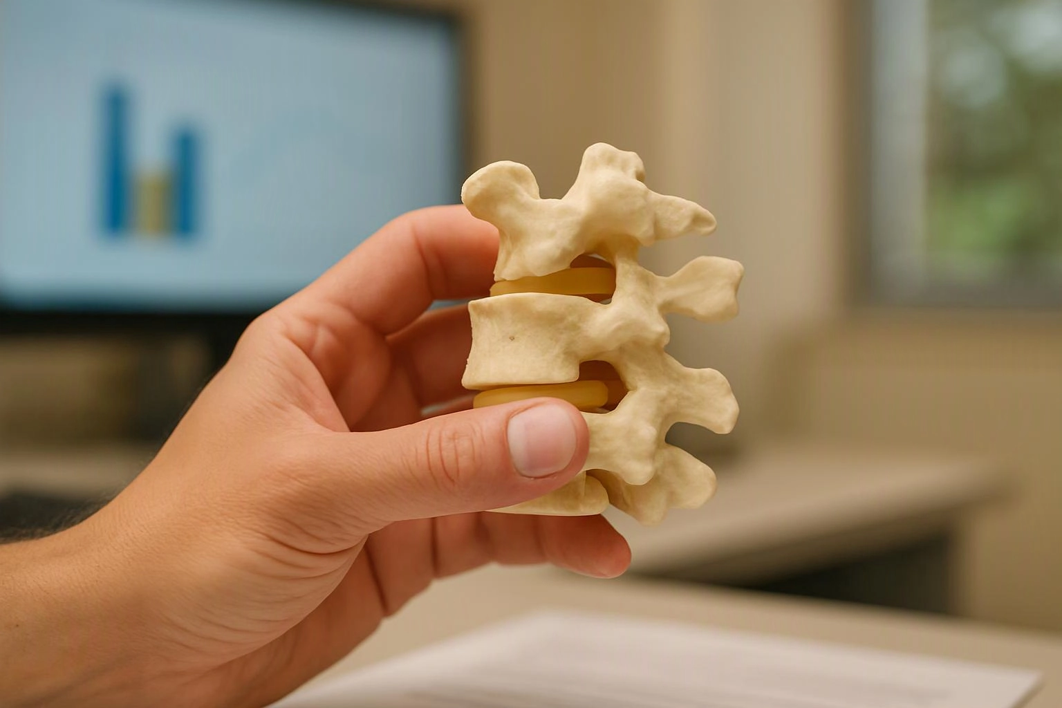 A hand holds a small model of stacked vertebrae in a bright office-like room