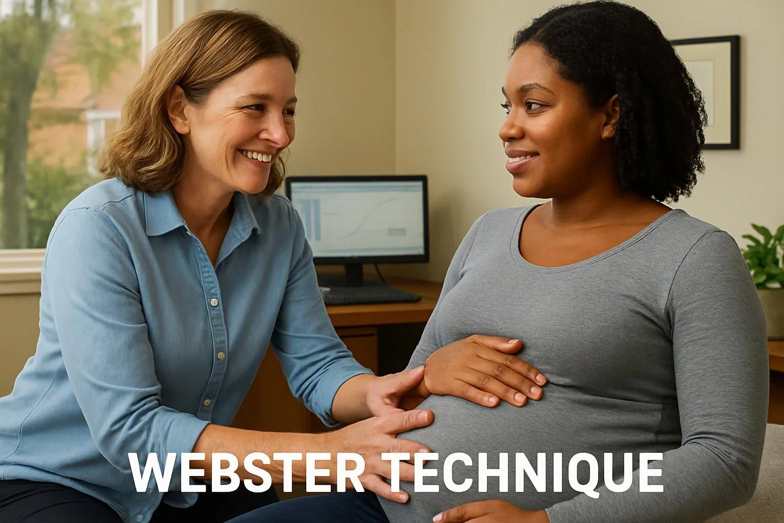 Two women sit in a room, smiling as one gently touches the other’s pregnant belly, with a computer behind them