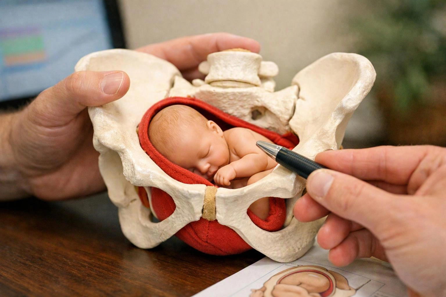 Hands hold a pelvis model with a tiny baby figurine tucked inside while a pen points at it