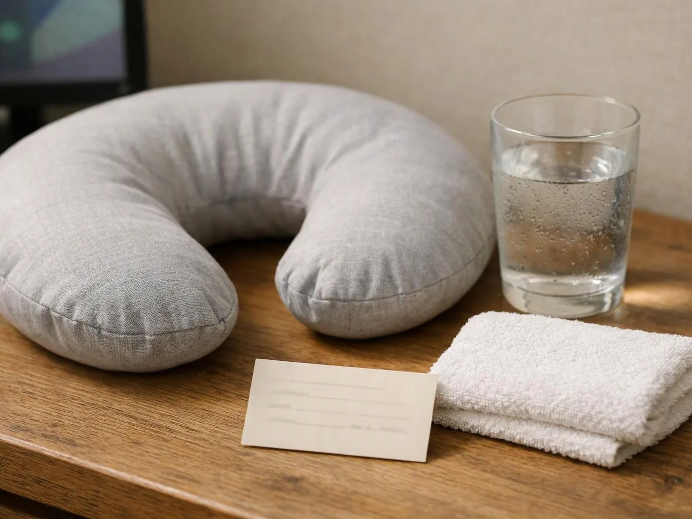 A gray neck pillow, a glass of water, a folded white towel, and a blank card sit on a wooden table