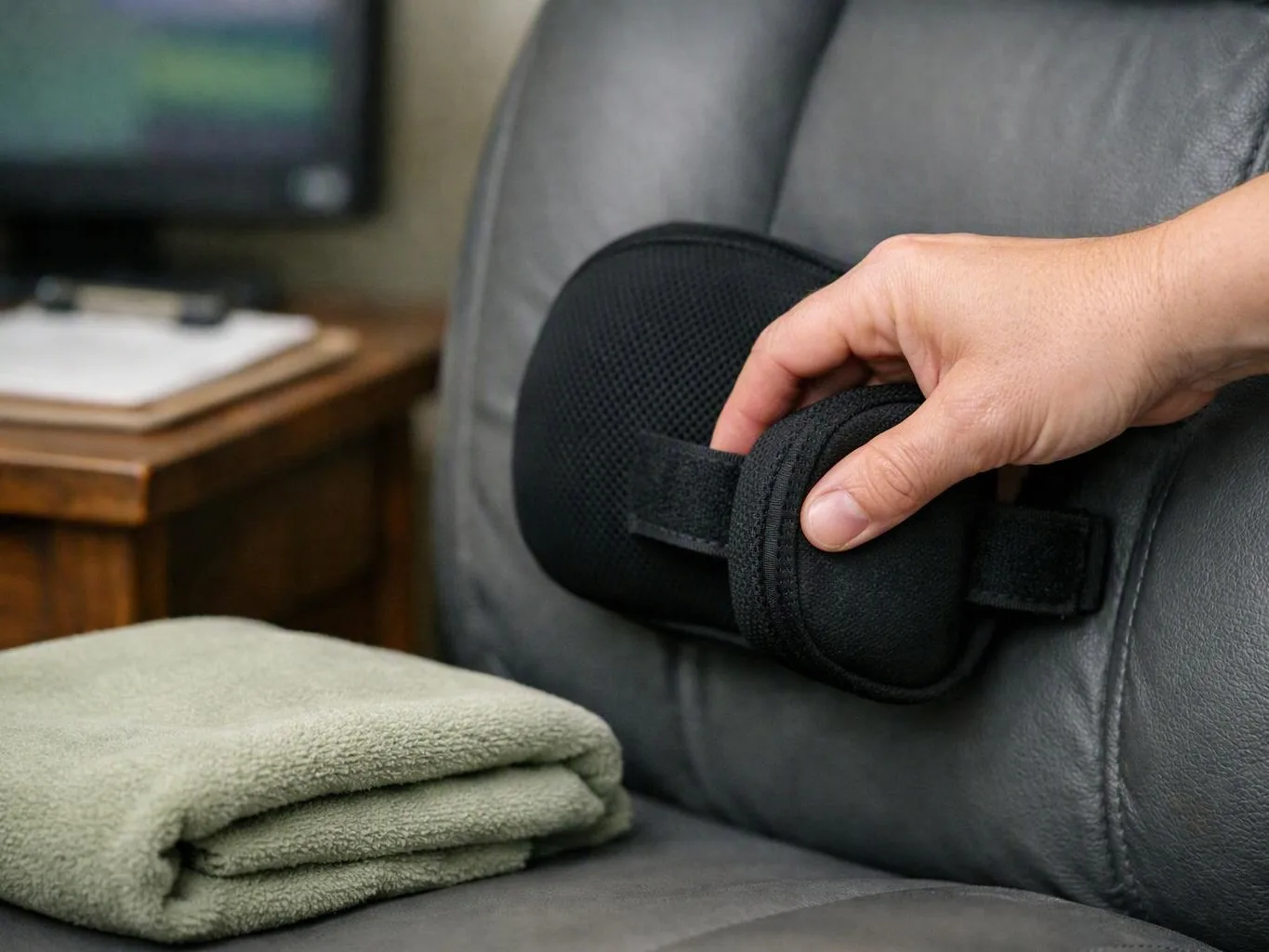A hand adjusts a black cushion on a gray leather chair beside a folded green blanket and a small table