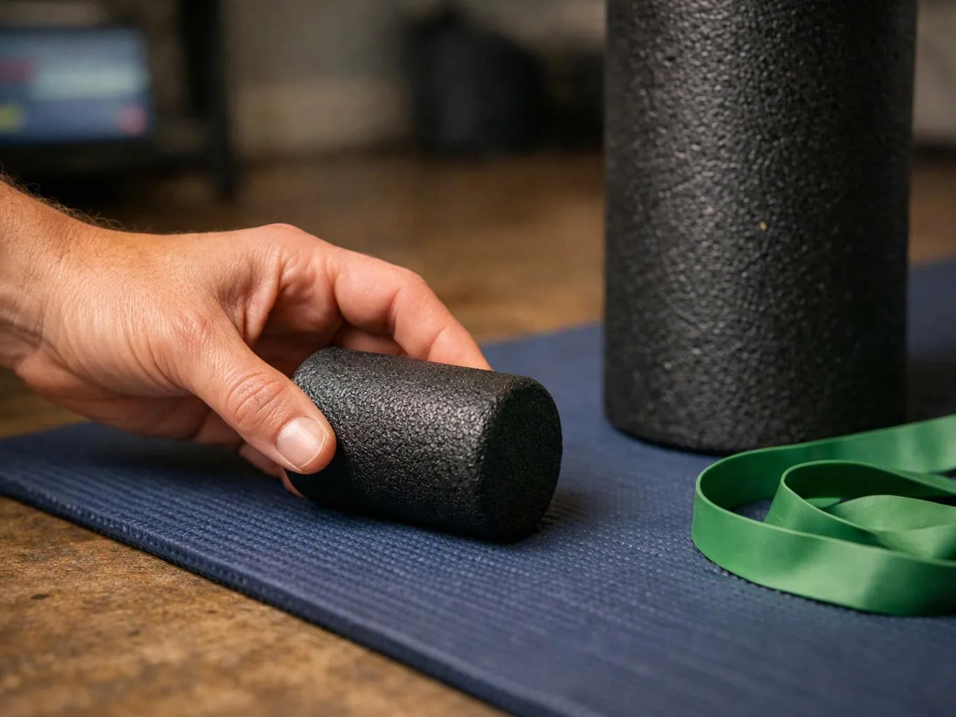A hand holds a black foam cylinder beside a yoga mat, a larger roller, and a green resistance band