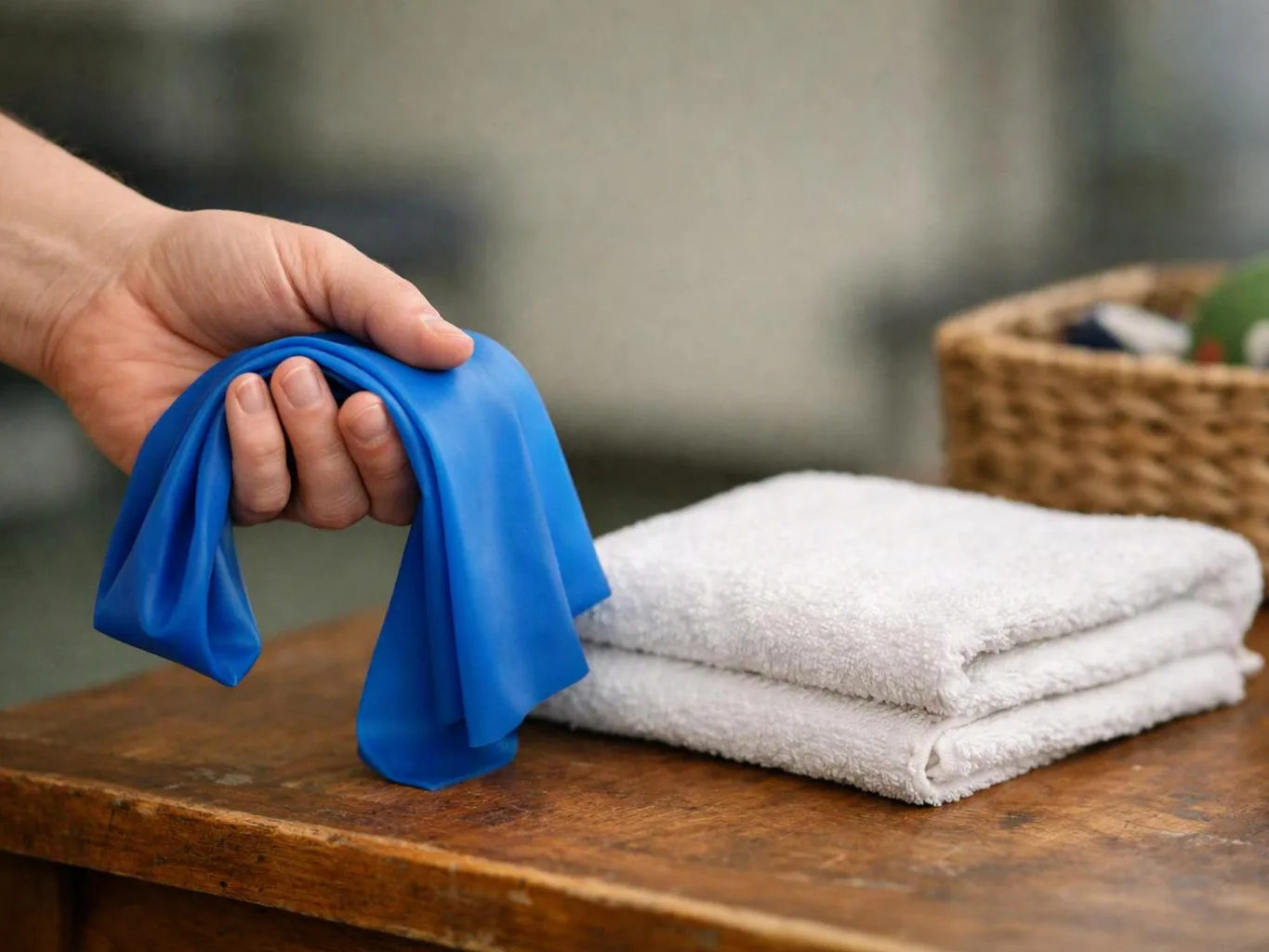 A hand holds a blue rubber band beside folded white towels on a wooden table