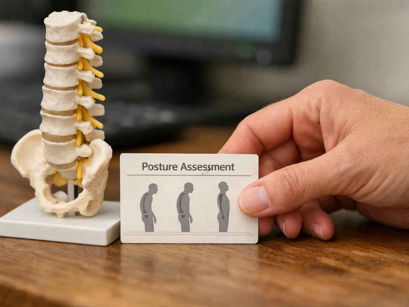 A hand holds a posture assessment card beside a spine model on a desk