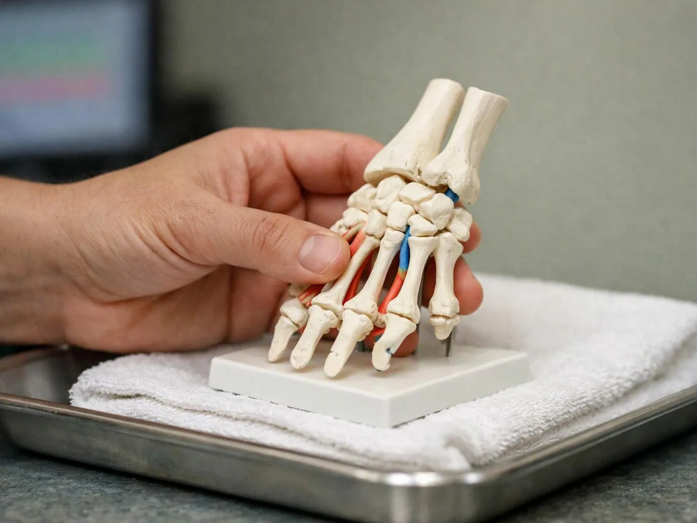 A hand holds a small foot bone model on a white base over a towel-lined tray