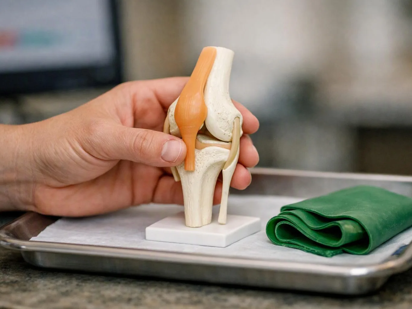 A hand holds a small knee joint model beside a folded green cloth on a metal tray
