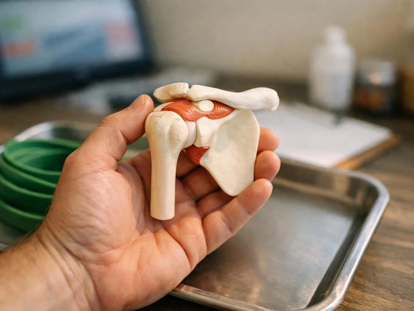 A hand holds a small shoulder joint model above a metal tray in a clinic setting