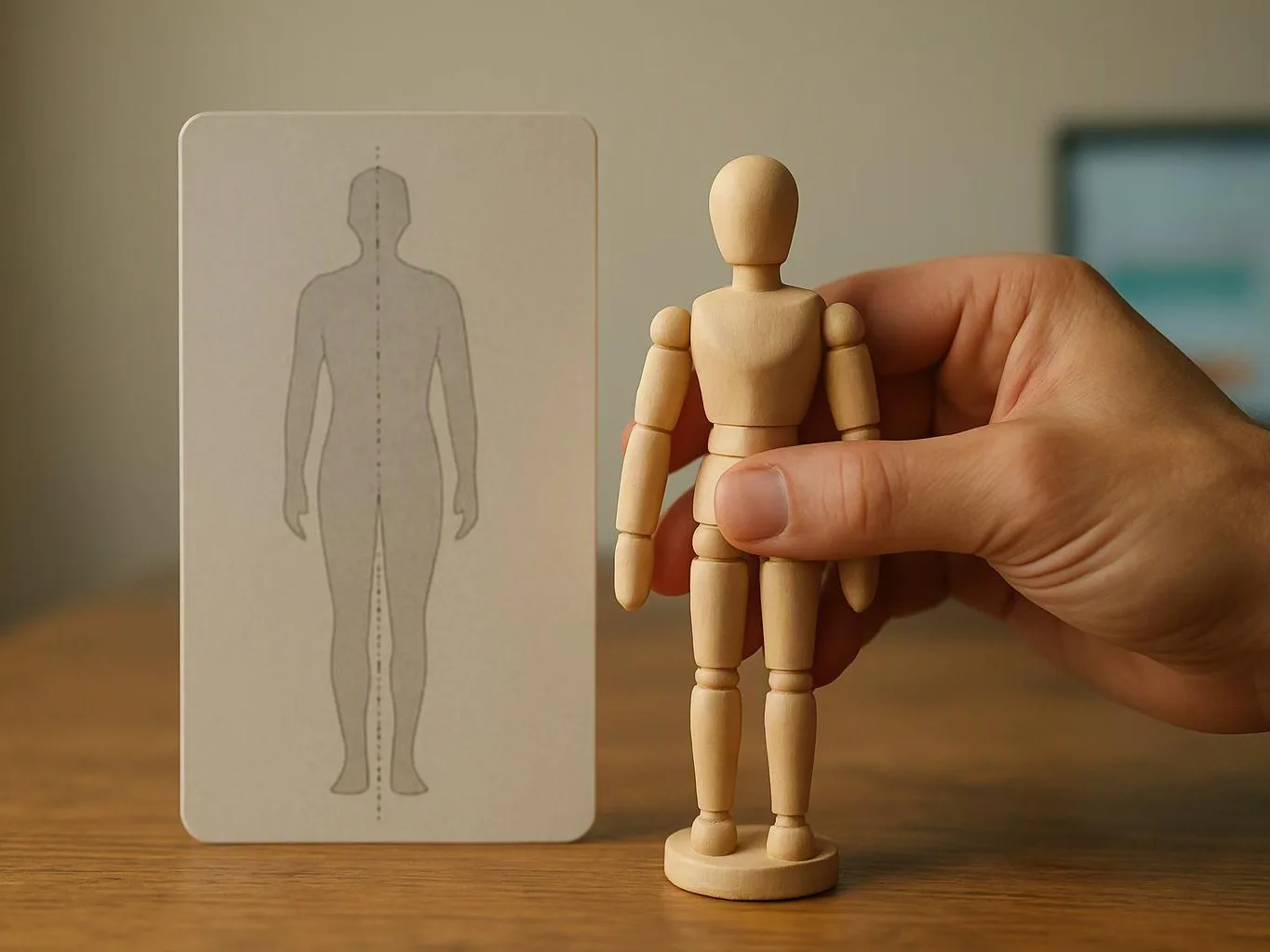 A hand holds a wooden mannequin beside a printed human body outline on a table