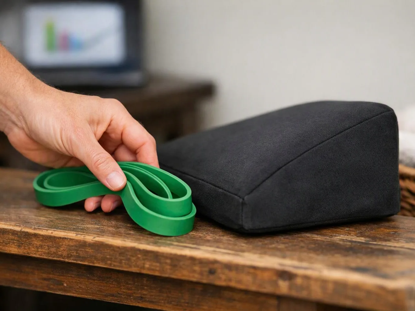 A hand places a green resistance band beside a black foam wedge on a wooden table
