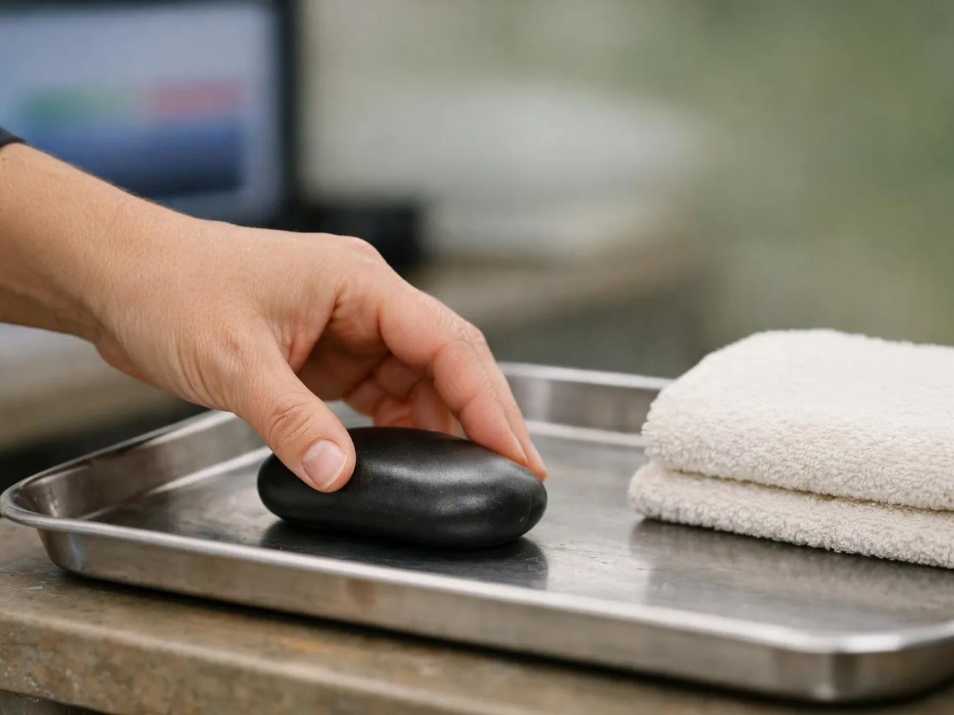 A hand places a smooth black massage stone on a metal tray beside folded white towels