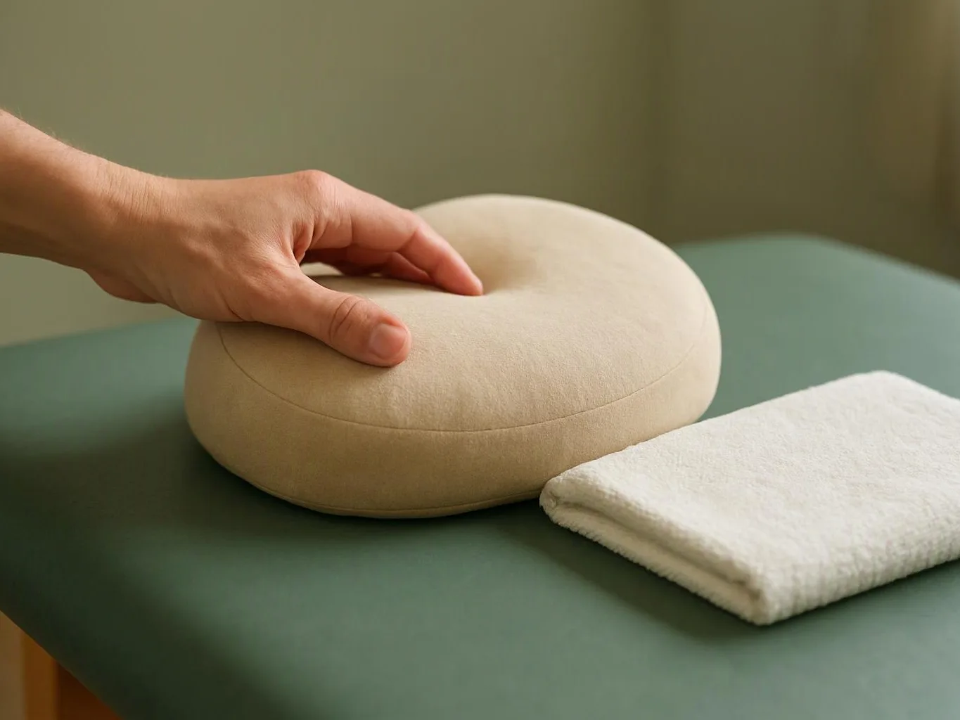 A hand presses a beige round cushion on a green table beside a folded white cloth