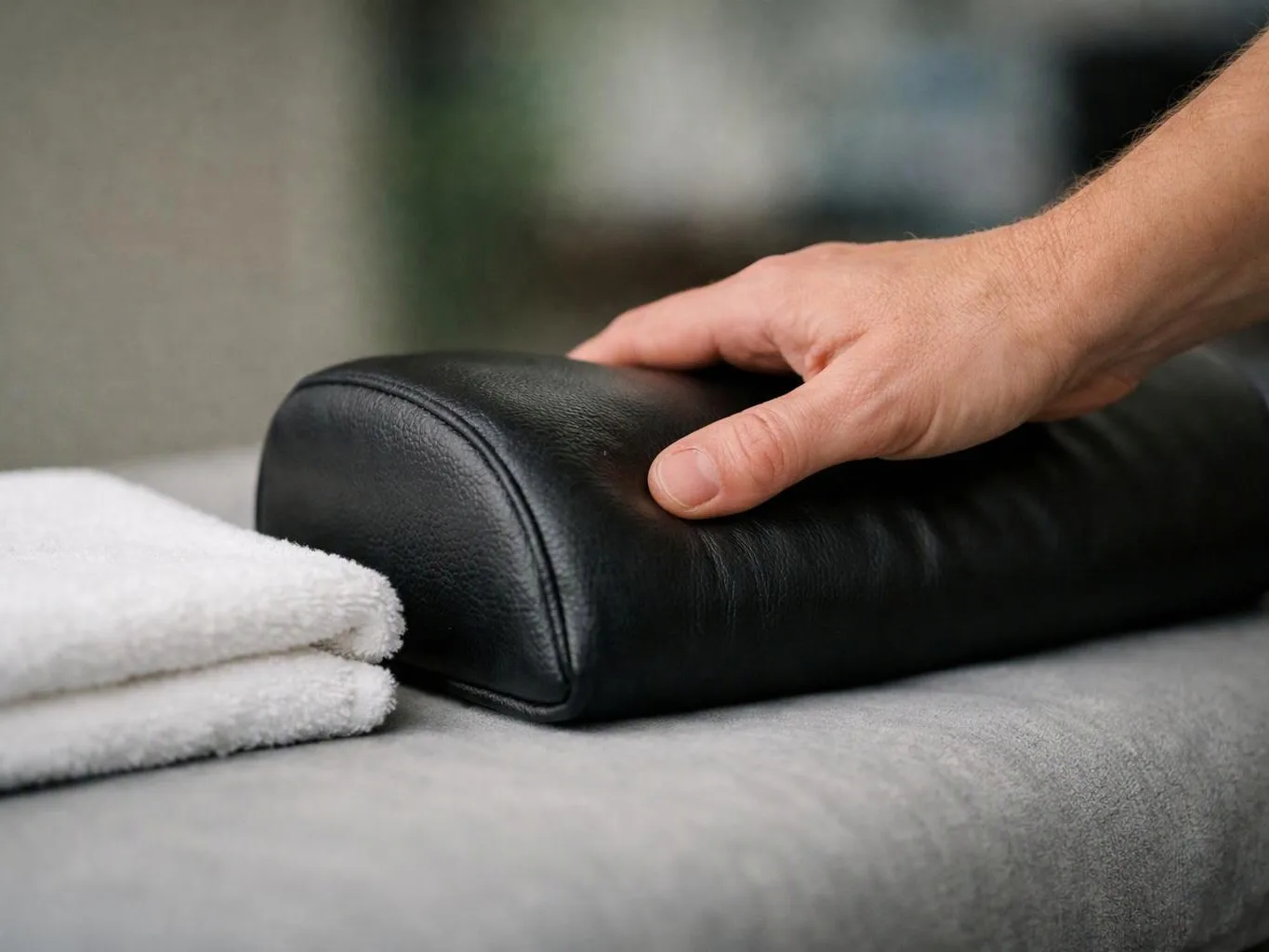 A hand rests on a black leather cushion beside folded white towels on a gray surface