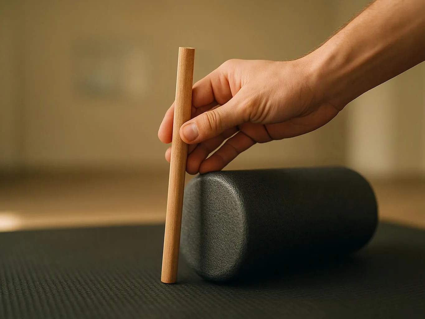 A hand steadies a wooden stick beside a black foam roller on a mat