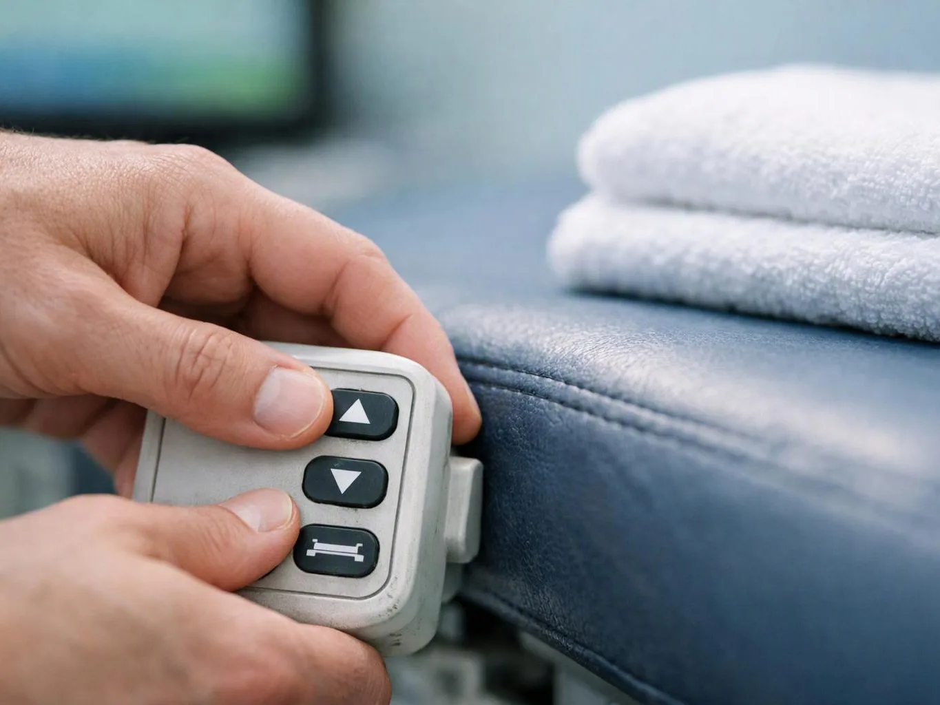 Hands hold a small control panel beside a padded blue surface with folded white towels nearby
