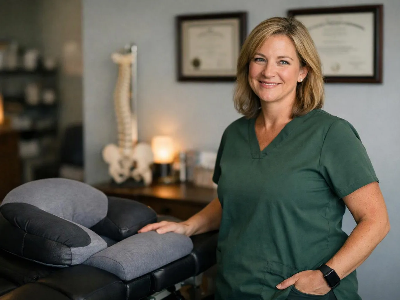 A smiling woman in green scrubs stands beside a padded treatment table in a calm clinic room