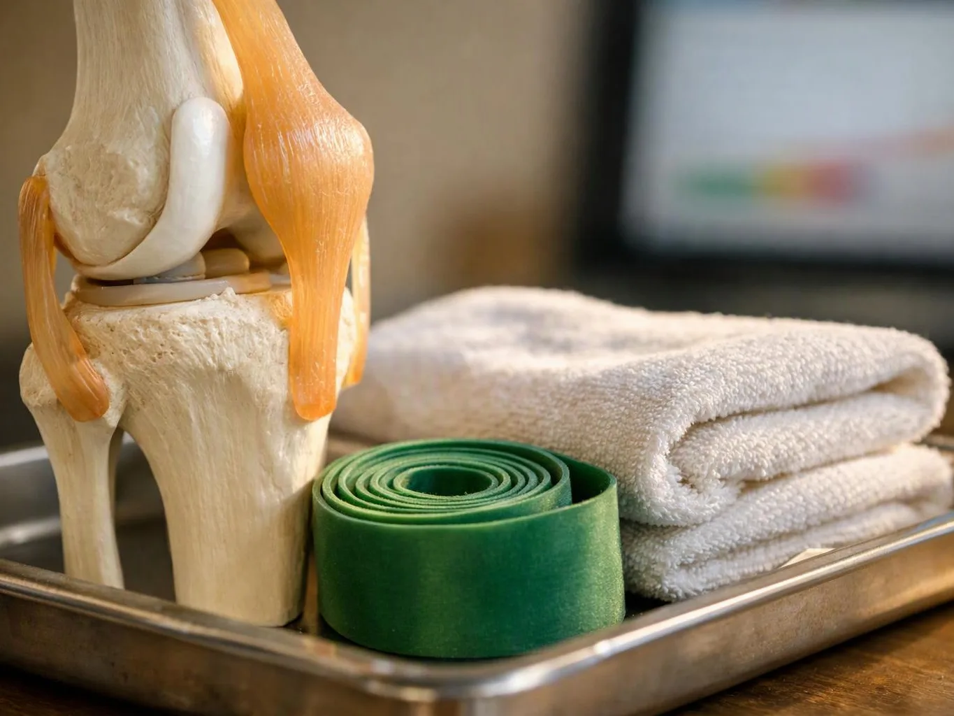 A knee joint model sits on a metal tray beside a green exercise band and folded white towels