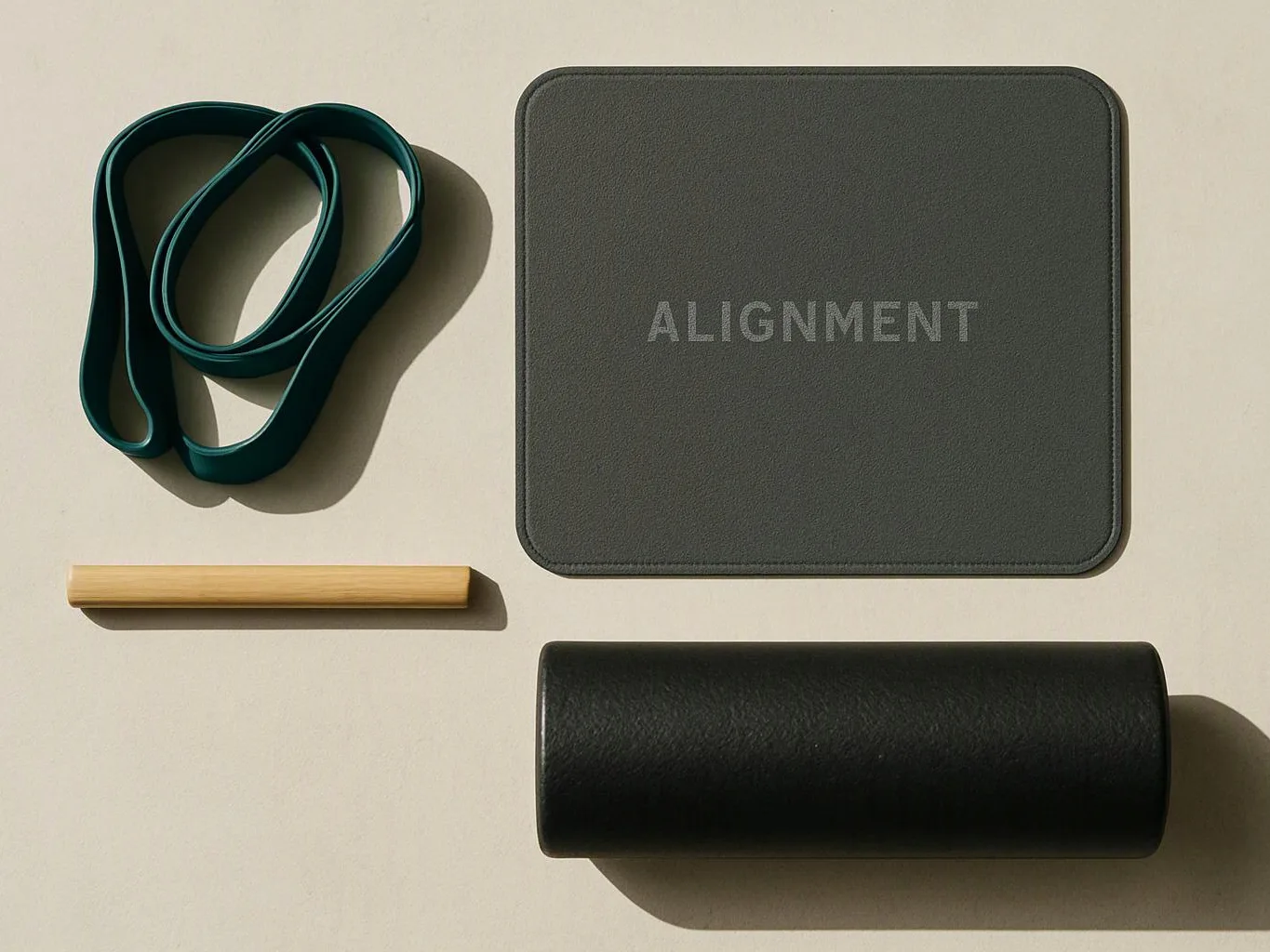 A looped teal strap, a dark mat labeled “ALIGNMENT,” a wooden stick, and a black cylinder lie on a light surface