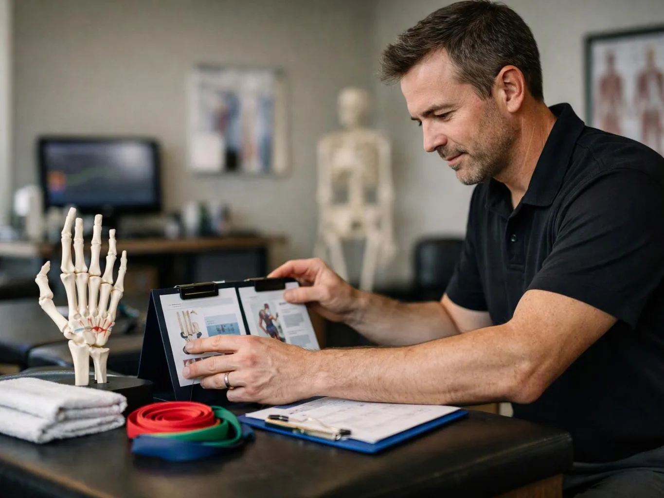 A man in a black polo studies a clipboard beside a hand skeleton model and therapy bands in a clinic room