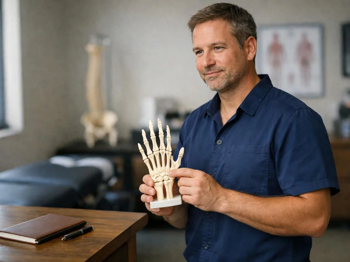A man in a blue shirt holds a hand skeleton model in a clinic exam room