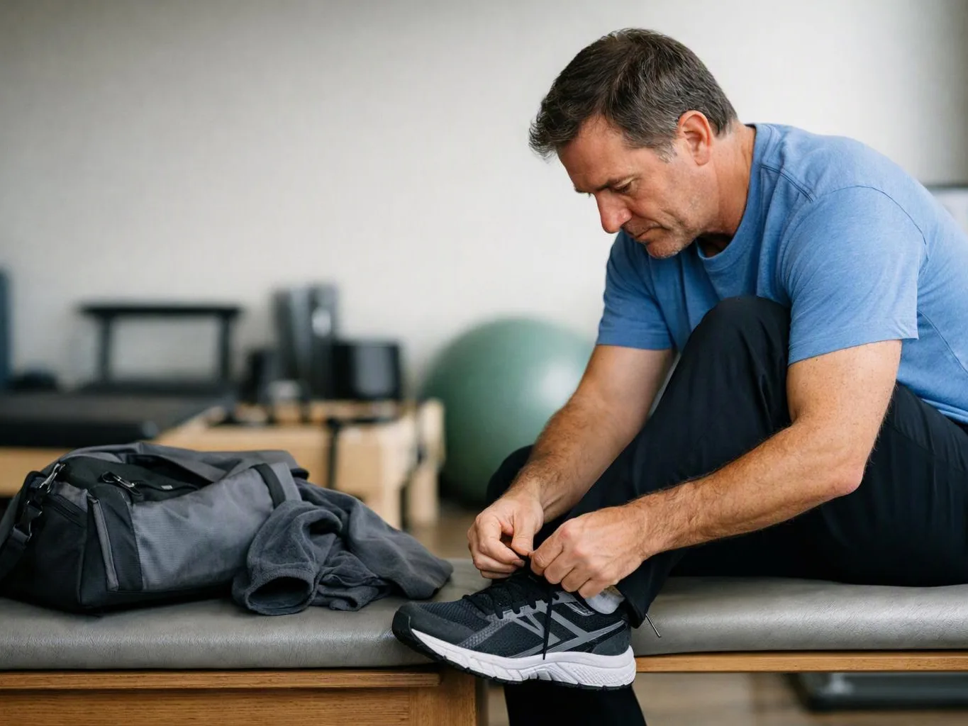 A man in a blue shirt sits on a gym bench, tying his shoe beside a bag and folded clothes