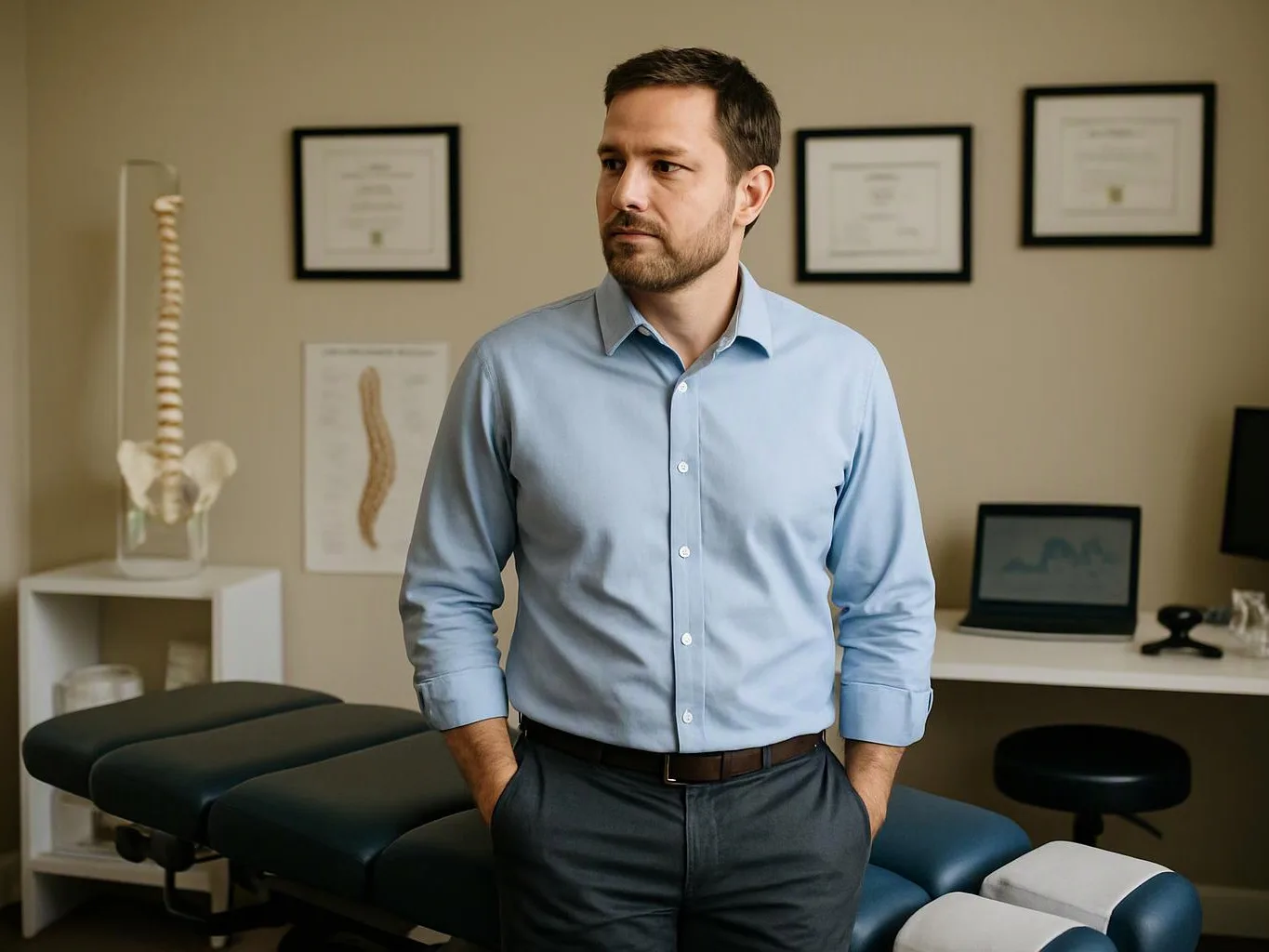 A man in a blue shirt stands in a clinic room beside an exam table and spine models