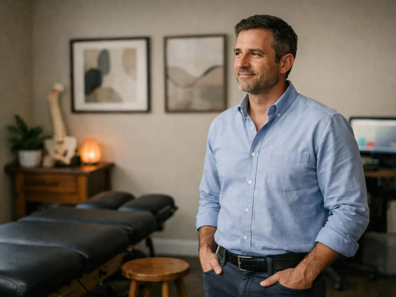 A man in a blue shirt stands in a treatment room with massage tables and framed wall art