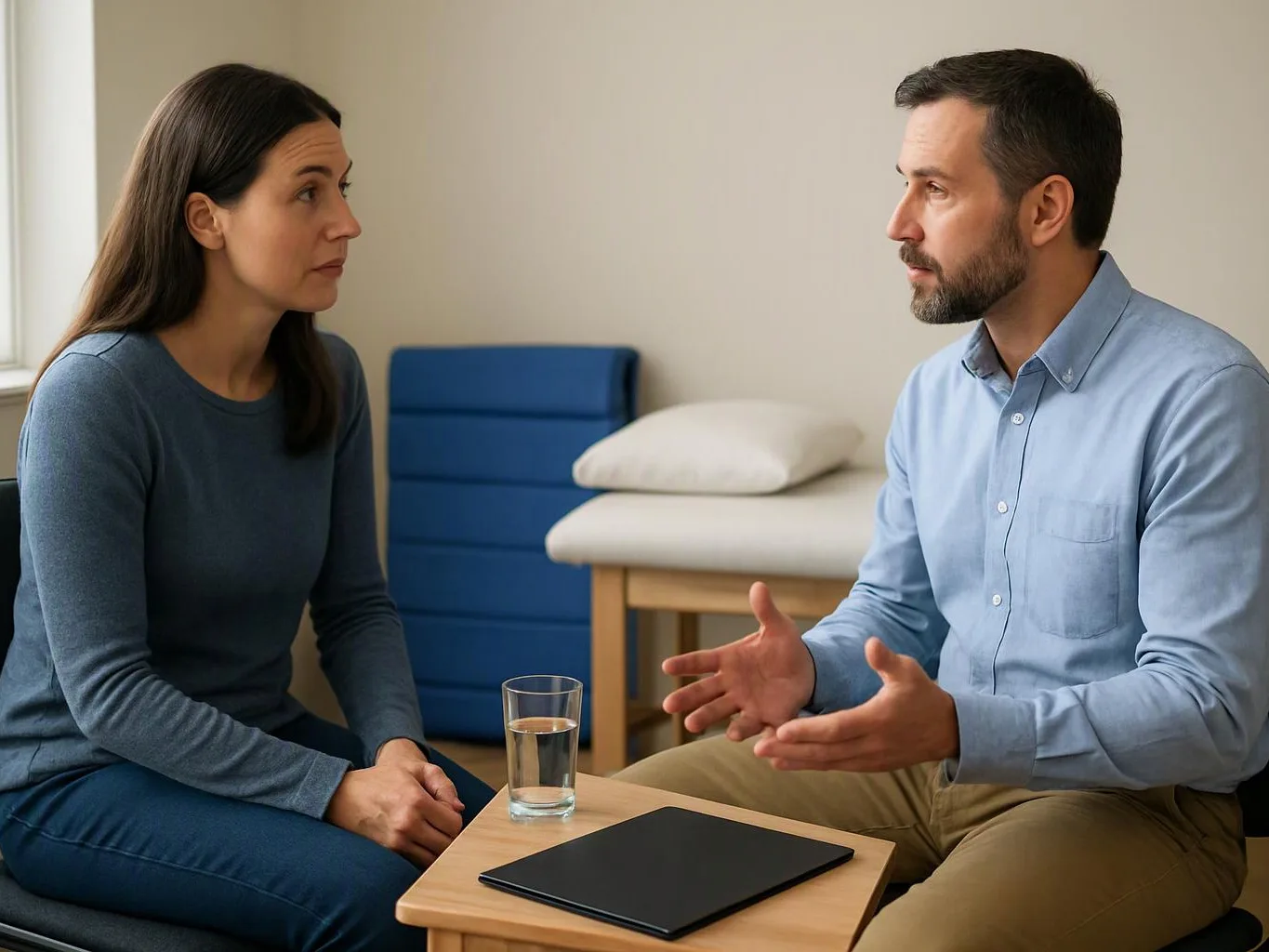 A man gestures while talking to a woman across a small table with a glass of water and a tablet in a calm room