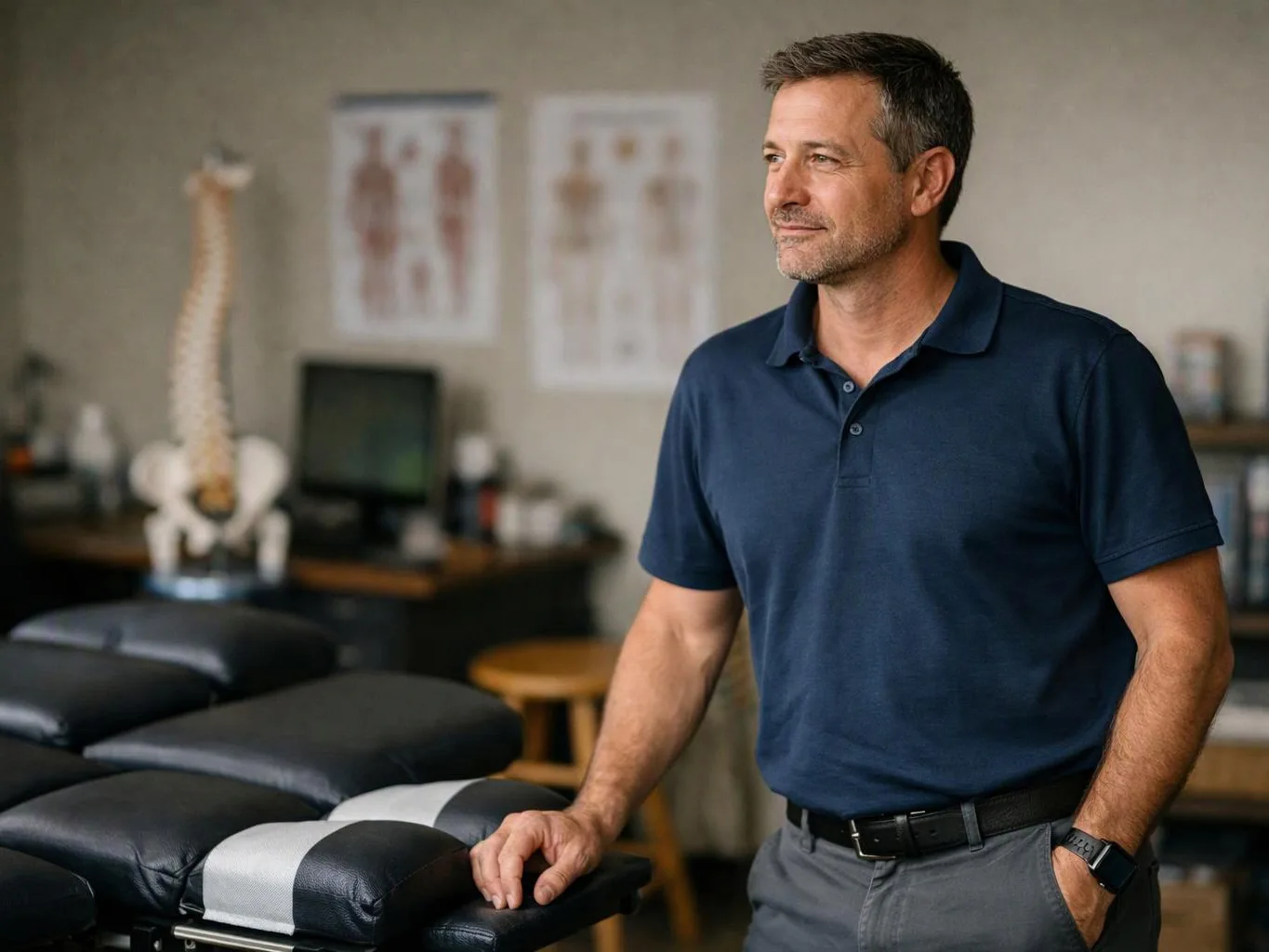 A man in a navy polo stands beside padded exam tables in a clinic room