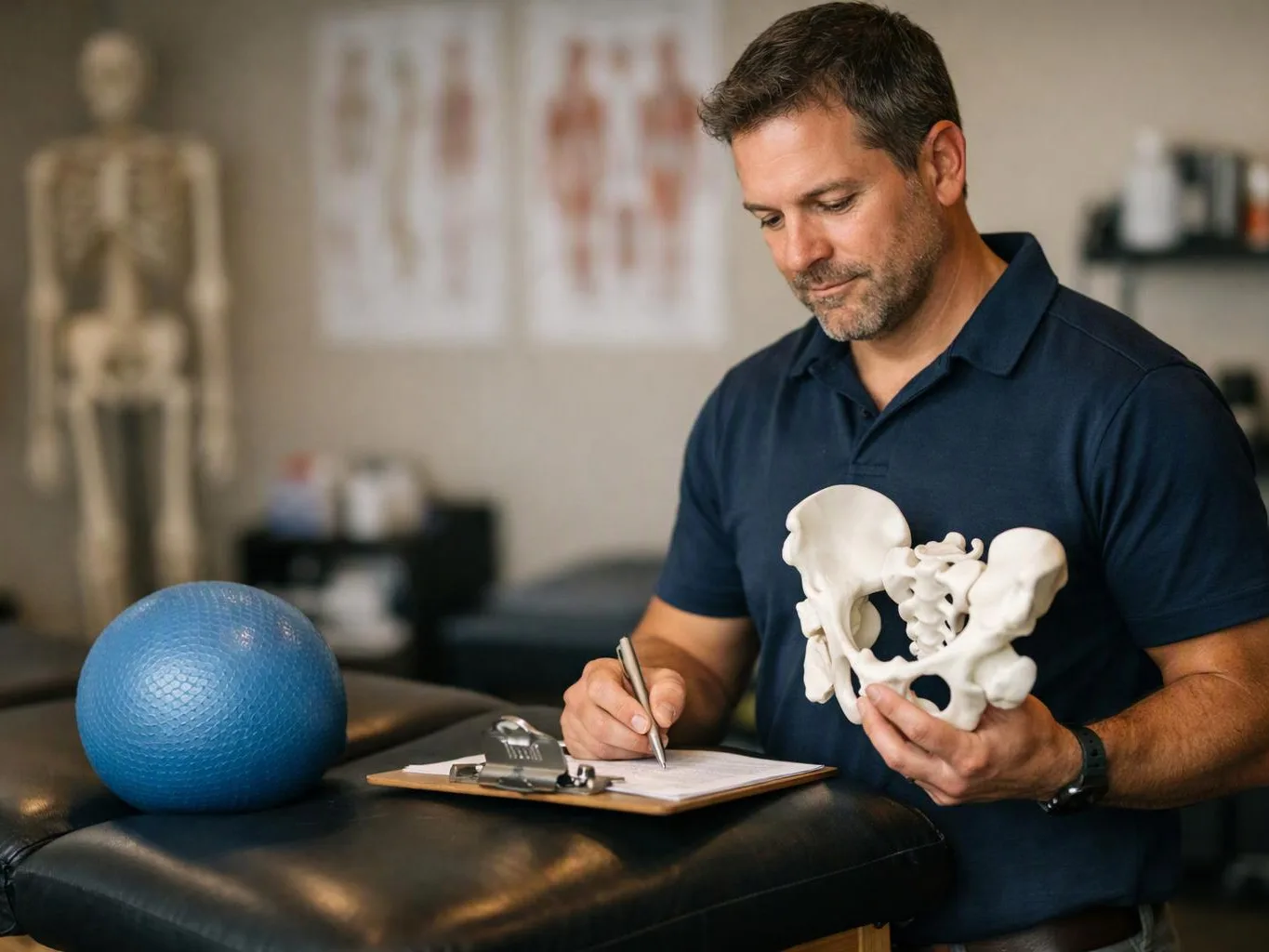A man in a navy polo studies a pelvis model and writes on a clipboard in a clinic room
